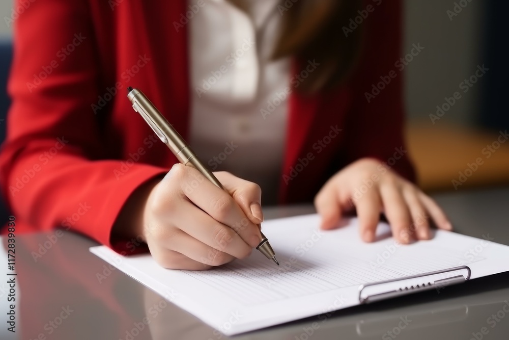 Businesswoman taking notes on clipboard during business meeting Businesswoman taking notes on clipboard during business meeting