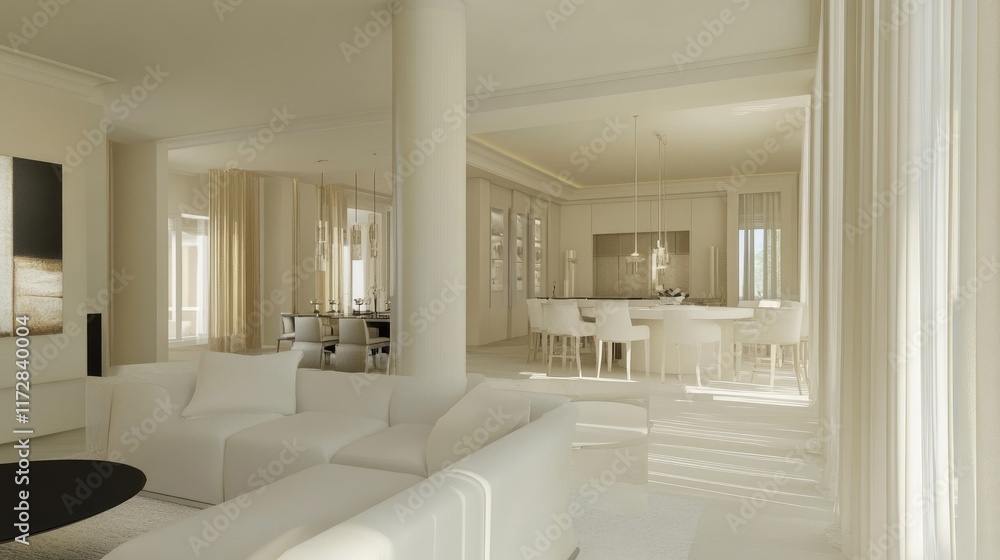 A stylish and airy room with a white sofa, neutral decor, and functional furniture. A stylish and airy room with a white sofa, neutral decor, and functional furniture.
