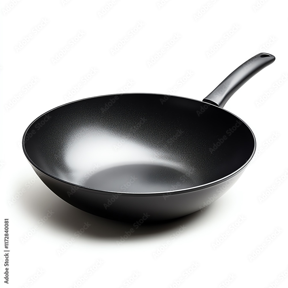 A sleek, black wok with a smooth surface and a handle, ideal for stir-frying and various cooking methods. A sleek, black wok with a smooth surface and a handle, ideal for stir-frying and various cooking methods.