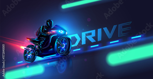 Motorcycle on road with headlight racing at full speed. Biker rider in leather on black racing sports motorbike. Racing sports bike is racing at full speed. Motorcycle with neon lights in night city.