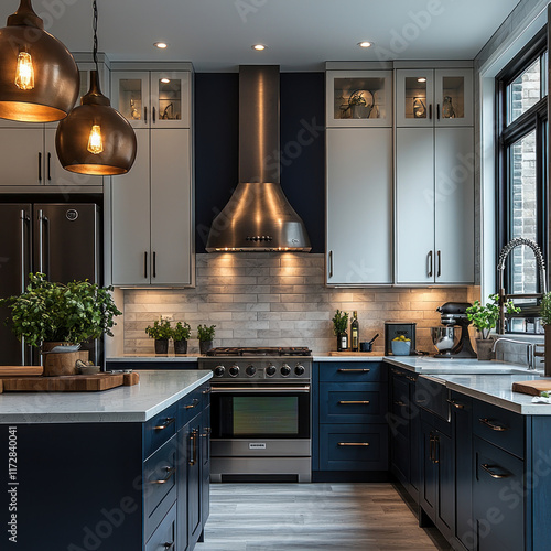Modern kitchen interior with island, stainless steel appliances, and blue cabinets
