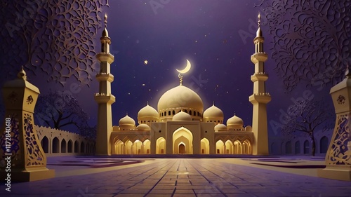 mosques, crescent moon, twinkling stars, and acts of kindness, reflecting the spiritual glow and traditions of fasting and prayer.