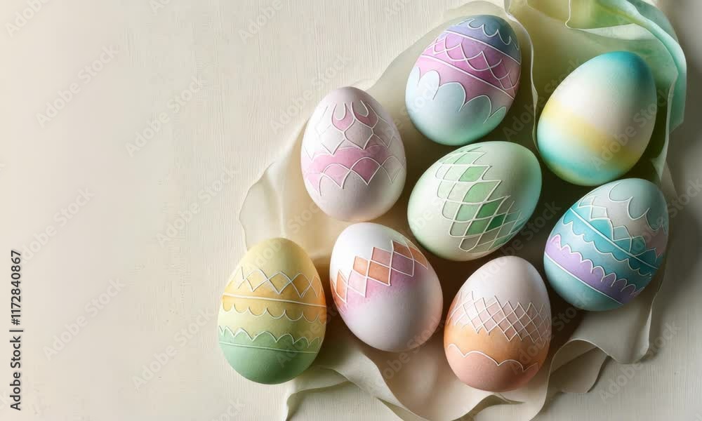 Pastel Easter eggs with geometric patterns. A light, elegant design perfect for spring, Easter greetings, or festive decorations. Copy space for text. Pastel Easter eggs with geometric patterns. A light, elegant design perfect for spring, Easter greetings, or festive decorations. Copy space for text.