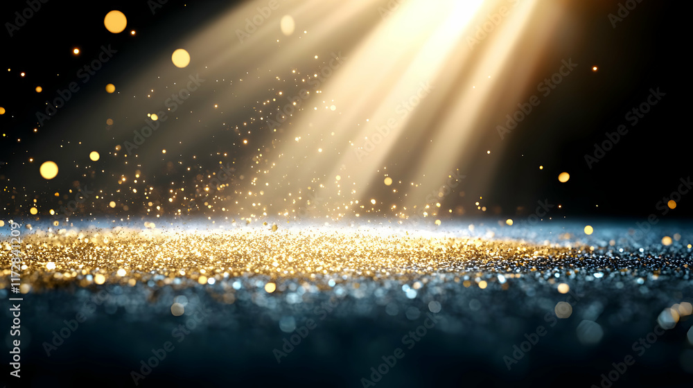 Obraz premium Golden glitter sparkles illuminated by spotlight, dark background, celebratory event, product display