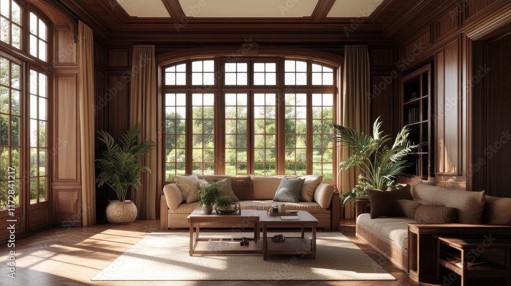 Fototapeta premium A warm, inviting living room with a cozy sofa, wood furniture, and lush greenery.
