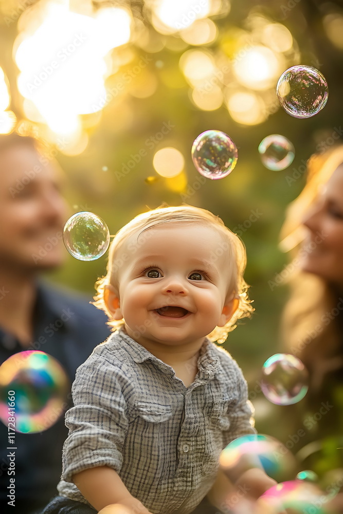 parents and son in nature with flying bubbles parents and son in nature with flying bubbles