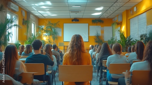 Students attentively listening to a lecture in a bright classroom.