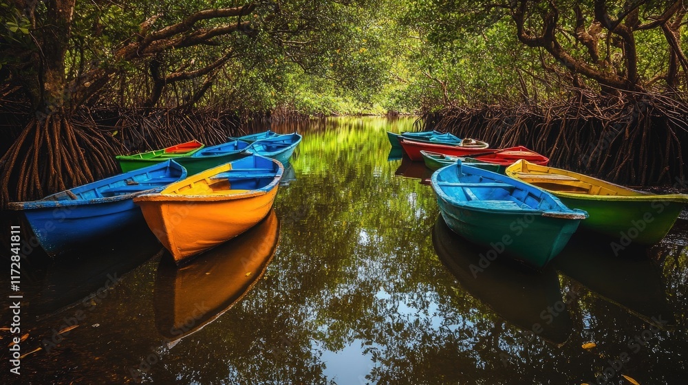 Brightly painted boats moored near a quiet lagoon surrounded by mangroves. Brightly painted boats moored near a quiet lagoon surrounded by mangroves.