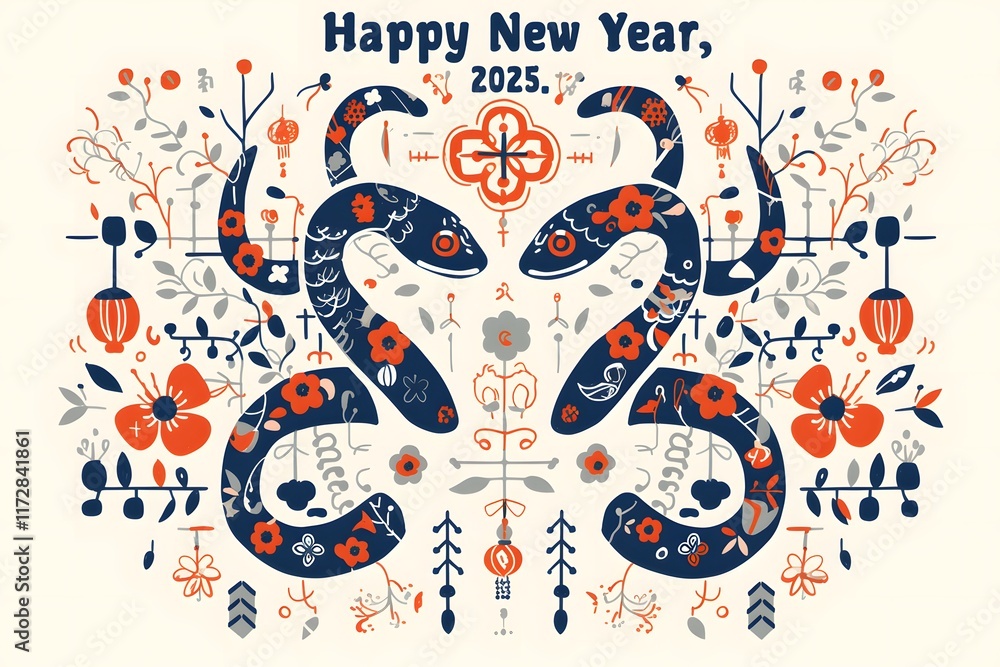 Obraz premium Happy Chinese Lunar New Year 2025 Year of the Snake greeting card poster background template