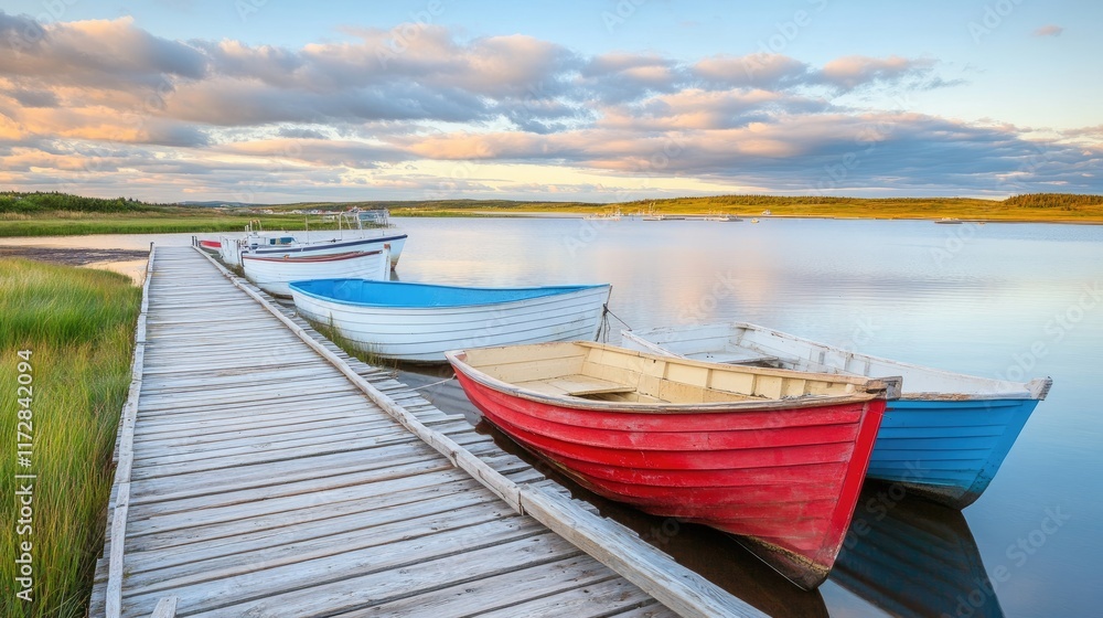 Fishing boats secured to wooden docks on a secluded, tranquil bay. Fishing boats secured to wooden docks on a secluded, tranquil bay.