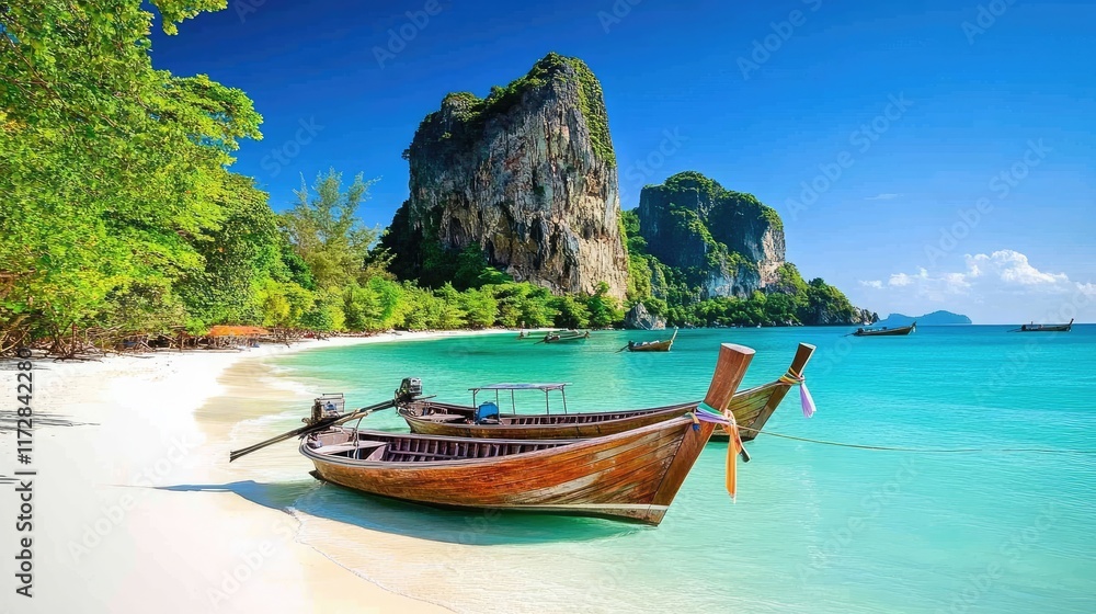 Long-tail boats resting on a tropical shoreline with white sands and emerald waters. Long-tail boats resting on a tropical shoreline with white sands and emerald waters.