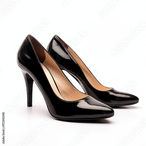 Pair of Black Patent Leather High Heels Stilettos Womens Footwear photo