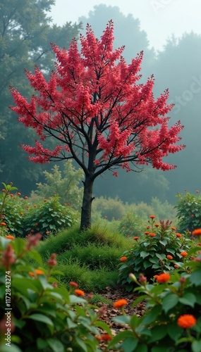 Dwarf Elder tree in a misty autumn garden with overgrown foliage, wildflowers, sambucus ebulus, greenery photo