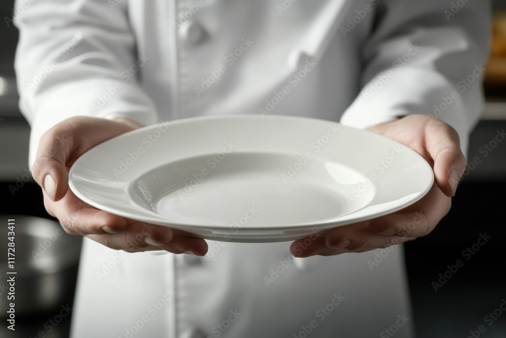 close-up of chef hands holding white empty plate 