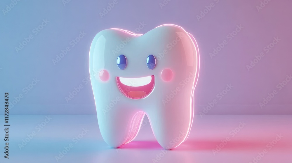 A cheerful cartoon tooth character with glowing accents, symbolizing dental health and care. A cheerful cartoon tooth character with glowing accents, symbolizing dental health and care.