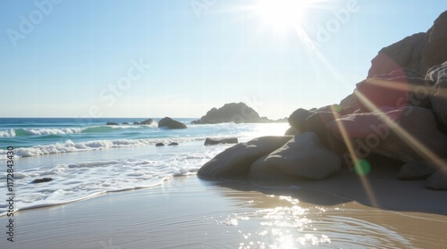 Sunny Coastal Landscape With Rocky Shoreline And Gentle Waves  
