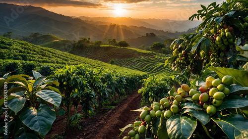 This image is suitable for coffee industry advertising, packaging design, and agricultural publications. It features beautiful red coffee beans growing on terraced hillside plants