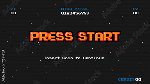 PRESS START INSERT A COIN TO CONTINUE .pixel art .8 bit game.retro game. for game assets in vector illustrations.Retro Futurism Sci-Fi Background. glowing neon grid.and stars from vintage arcade comp