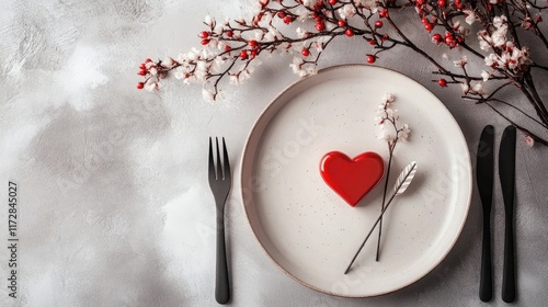 A minimalistic Valentinea??s Day setup with a heart and arrow design centerpiece photo