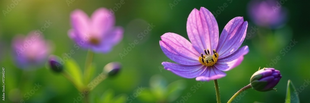 Clear stamens in violet hepatica flower on a lush green stem, stem, flowers Clear stamens in violet hepatica flower on a lush green stem, stem, flowers