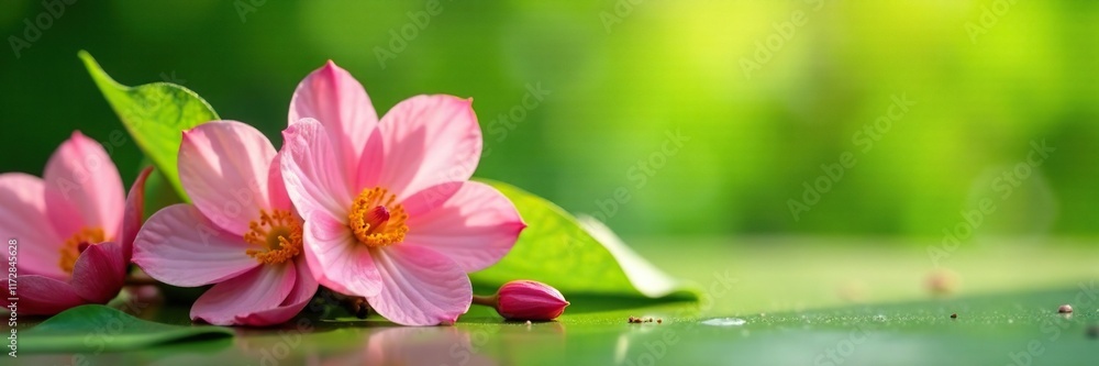 Delicate petals unfolding on a serene green surface, flowers, sunshine Delicate petals unfolding on a serene green surface, flowers, sunshine
