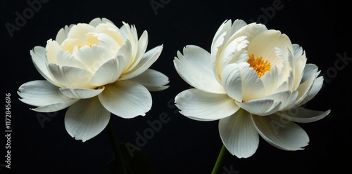 Fototapeta Naklejka Na Ścianę i Meble -  Delicate white peonies on a black background with subtle texture, petals, soft