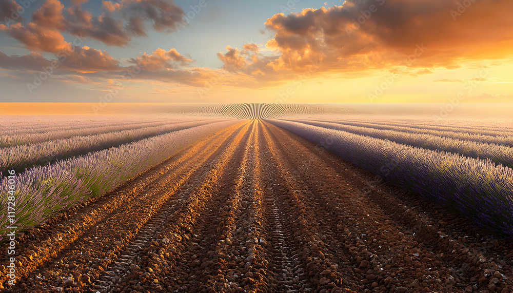 Naklejka premium Stunning sunset over a vast lavender field in Provence, France. Rows of purple lavender plants meet a plowed earth path, leading towards a vibrant sky.