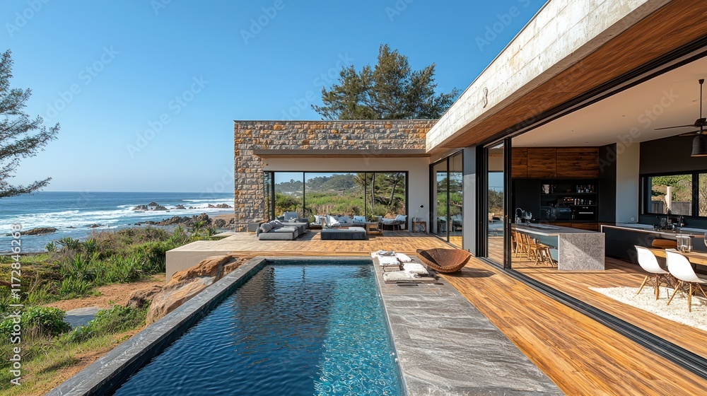 Fototapeta premium Modern coastal home with pool and ocean view.