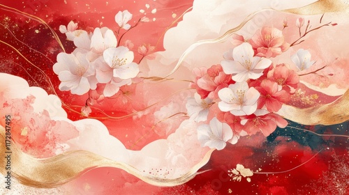 Red and gold abstract floral artwork with cherry blossoms and flowing lines.