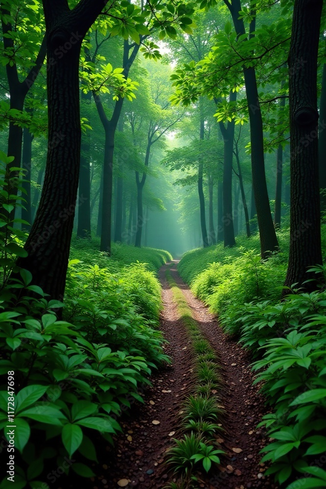 Obraz premium Overgrown dirt road snaking through a primeval forest, forest, underbrush