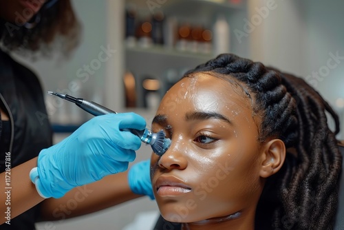 Young African American Woman Receiving Microdermabrasion Treatment at Beauty Spa photo