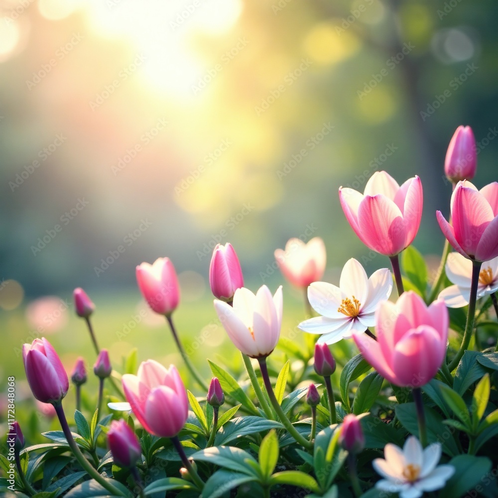 Fototapeta premium Delicate white and pink hues amidst lush foliage, spring, wildflowers