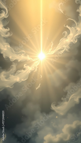 Bright sunny sky with clouds and sunlight photo