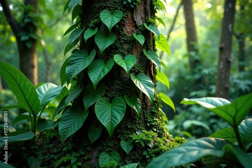 Dense foliage of liana plant wrapping around tree trunk, jungle plants, lush greenery, overgrowth photo