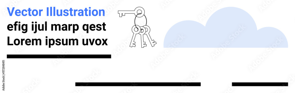 Set of keys with keychain, cloud graphic, and placeholder text lines. Ideal for security, data protection, business strategy, cloud storage, digital marketing, technology solutions, and web design Set of keys with keychain, cloud graphic, and placeholder text lines. Ideal for security, data protection, business strategy, cloud storage, digital marketing, technology solutions, and web design