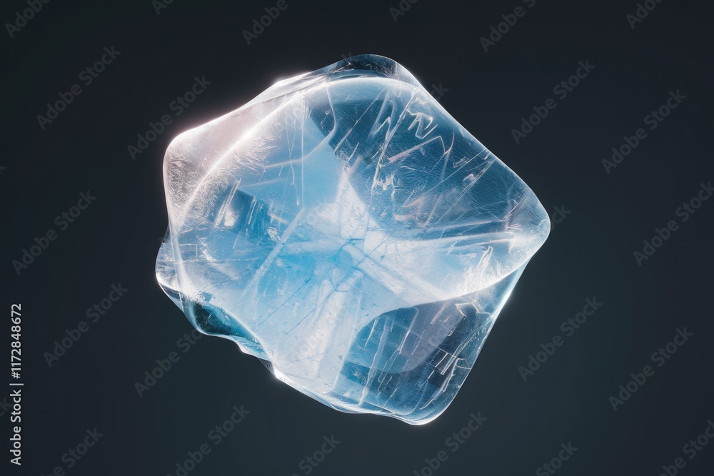 A translucent, ice-like crystal with internal fractures, glowing faintly against a dark background. A translucent, ice-like crystal with internal fractures, glowing faintly against a dark background.