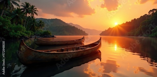 Reflections of wooden canoes on Maroni River at sunset with forest behind, canoe, sun, jungle photo