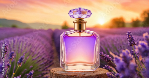 Obraz na płótnie Photorealistic image of a perfume bottle at sunset in a lavender field, surrounded by vibrant purple flowers, w salonie
