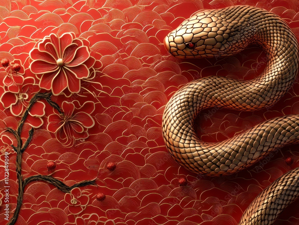 Fototapeta premium Golden snake coiled on red floral background.