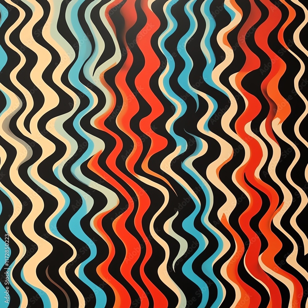 Colorful wavy pattern in red, black, blue, and cream on a textured background. Colorful wavy pattern in red, black, blue, and cream on a textured background.