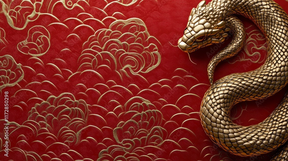 Obraz premium Golden dragon statue on red cloud patterned background.