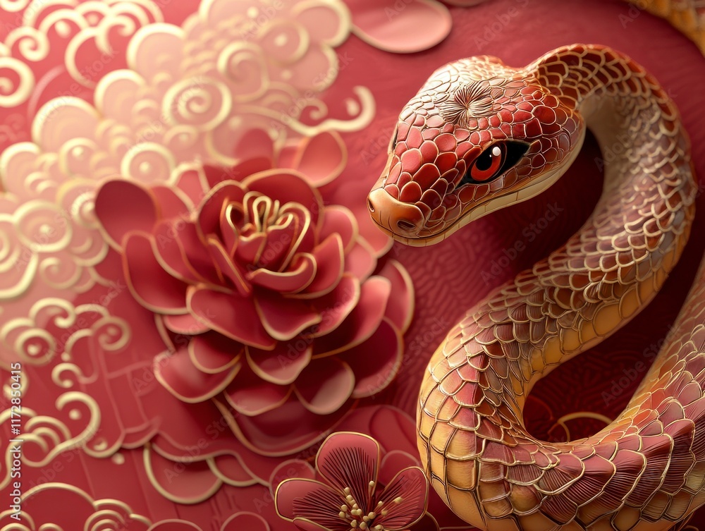 Obraz premium Red snake with ornate flowers and clouds.