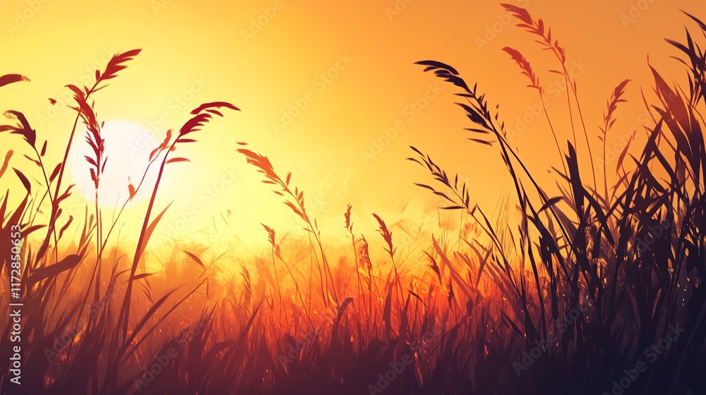 Silhouetted grass against a vibrant sunset with warm orange hues. Silhouetted grass against a vibrant sunset with warm orange hues.