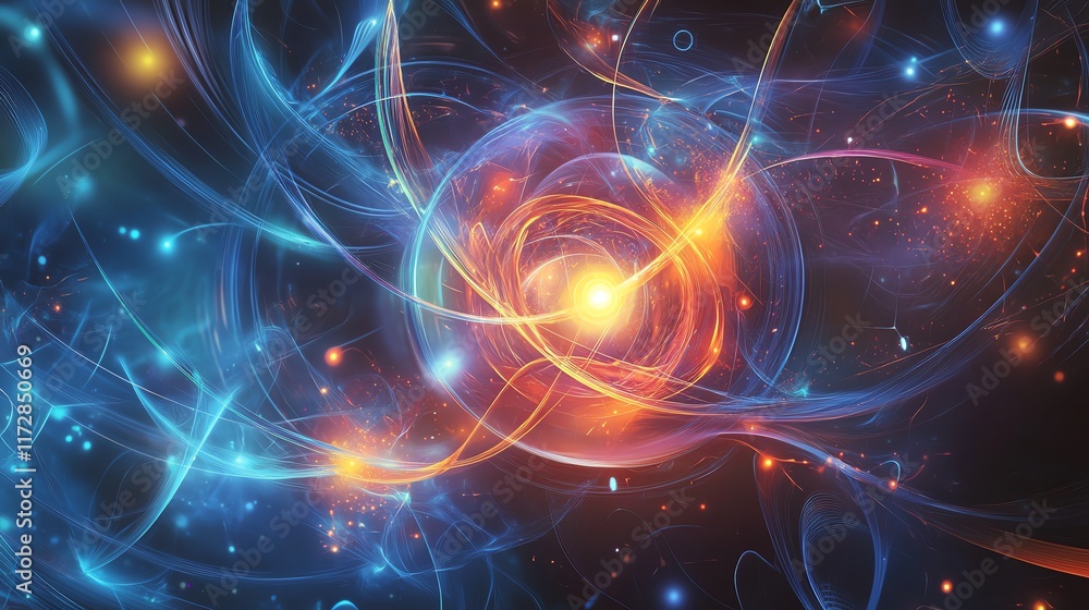 Abstract cosmic energy swirling in vibrant colors of blue, orange, and gold. Abstract cosmic energy swirling in vibrant colors of blue, orange, and gold.