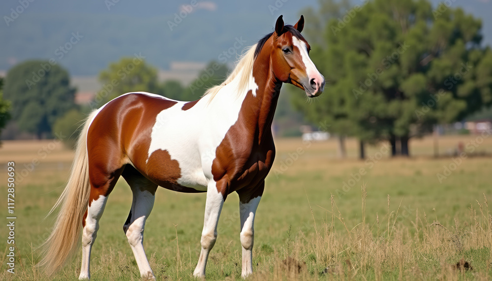 Obraz premium An elegant brown and white horse grazing peacefully in a picturesque meadow, embodying the essence of tranquility and the beauty of the great outdoors.