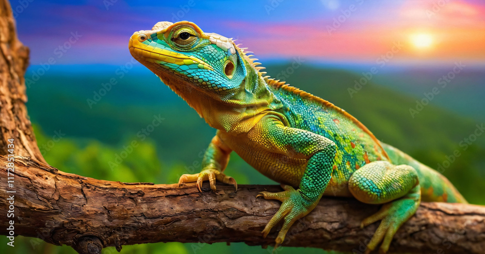 Obraz premium Close-up of a reptile in its natural habitat on a tree branch,