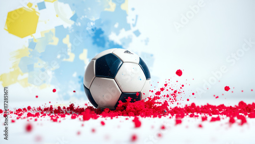 A soccer ball with a background of blue, yellow, and red watercolor is featured in this cinematic product photo. A smattering of red and blue surrounds a soccer ball. photo