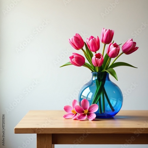 Wallpaper Mural Tavola di legno con un vaso blu, un ramo di tulipani rosa e foglie, natura, legno Torontodigital.ca