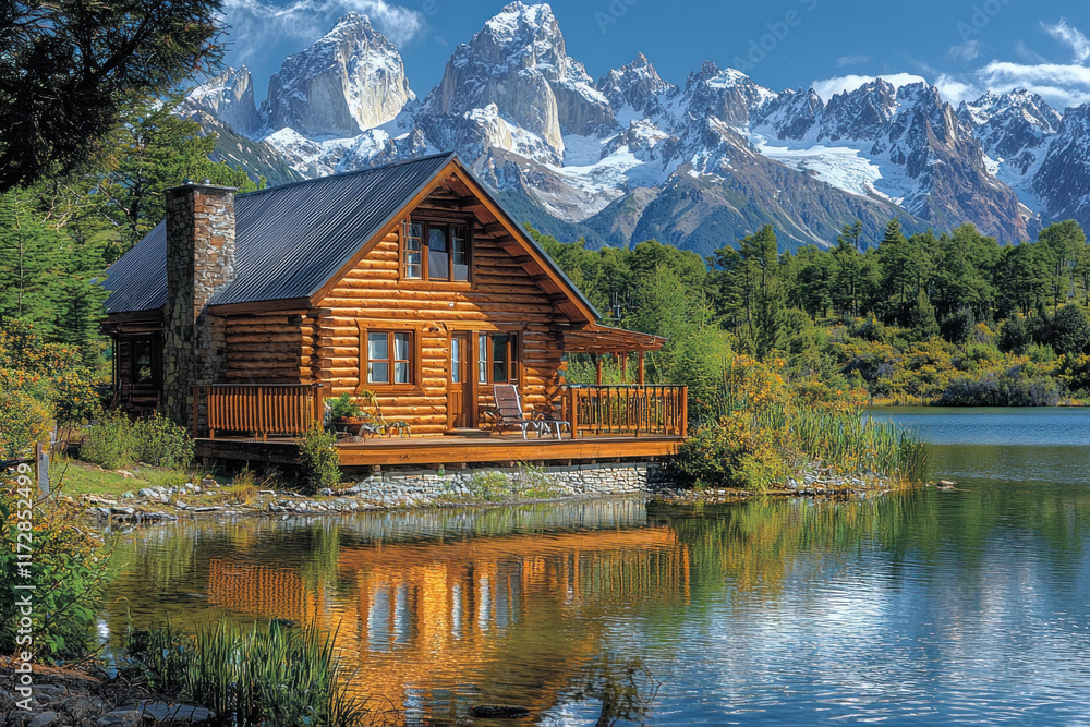 Lakeside cabin retreat with mountain view reflecting in tranquil water Lakeside cabin retreat with mountain view reflecting in tranquil water