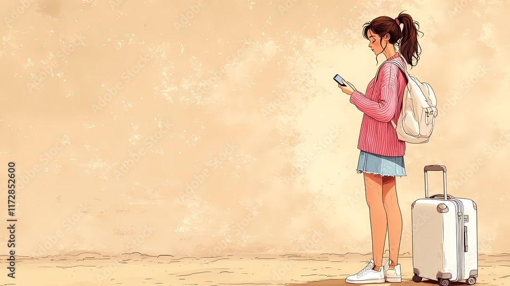 Traveler checking smartphone while holding luggage handle, dressed for exploring new places, representing mobile navigation, comic book style Traveler checking smartphone while holding luggage handle, dressed for exploring new places, representing mobile navigation, comic book style